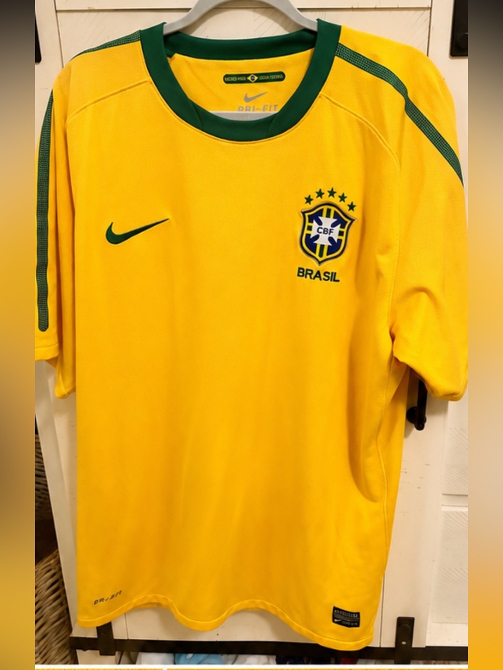 Nike Men’s Yellow Brazil National Team Soccer Jersey with Green Trim